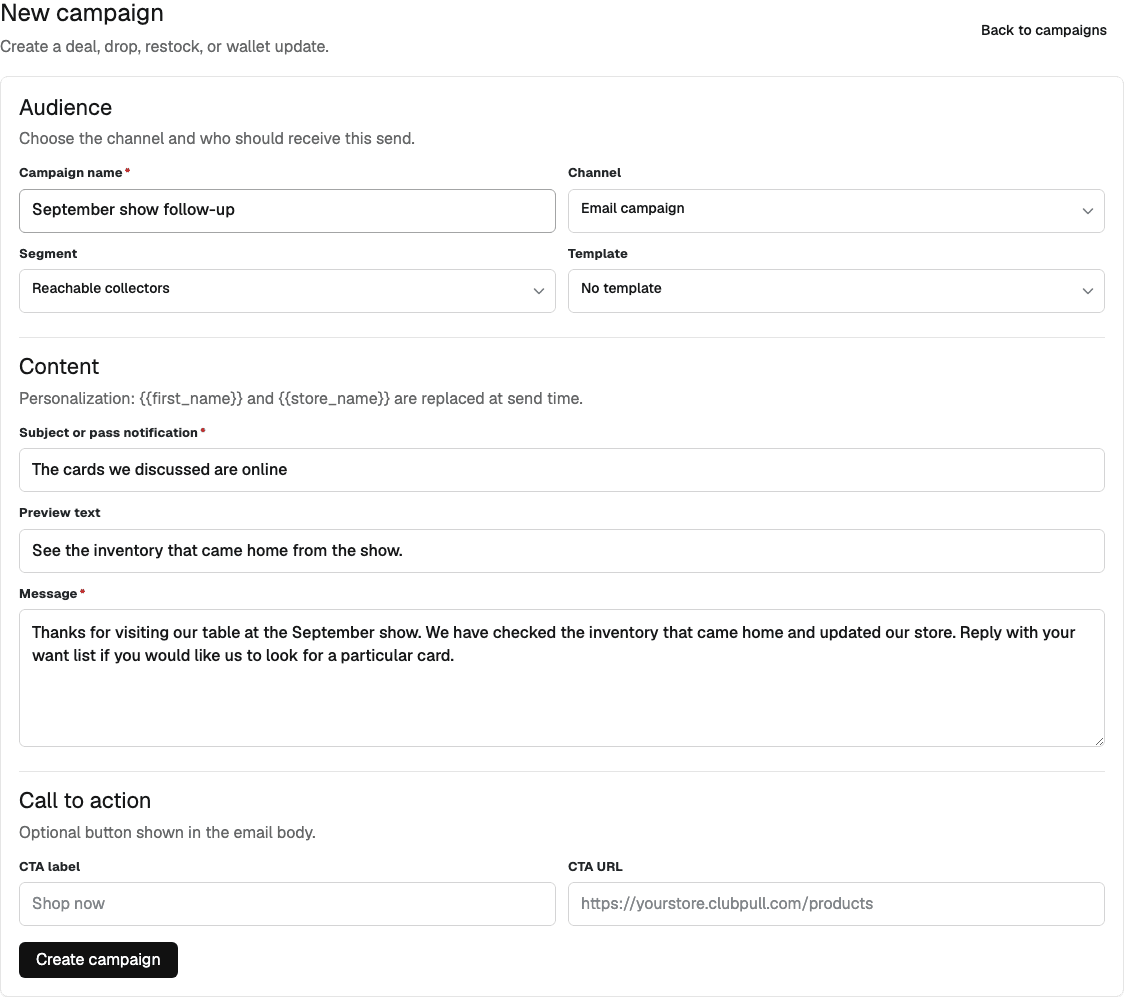 ClubPull campaign creation workspace with a sample September show follow-up campaign and audience settings.