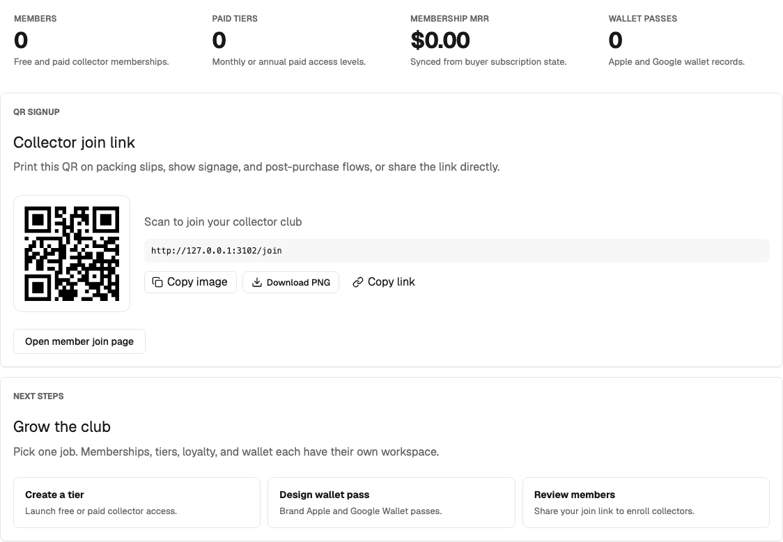 ClubPull Memberships workspace showing the collector join QR code and links to tiers, wallet design, and members.